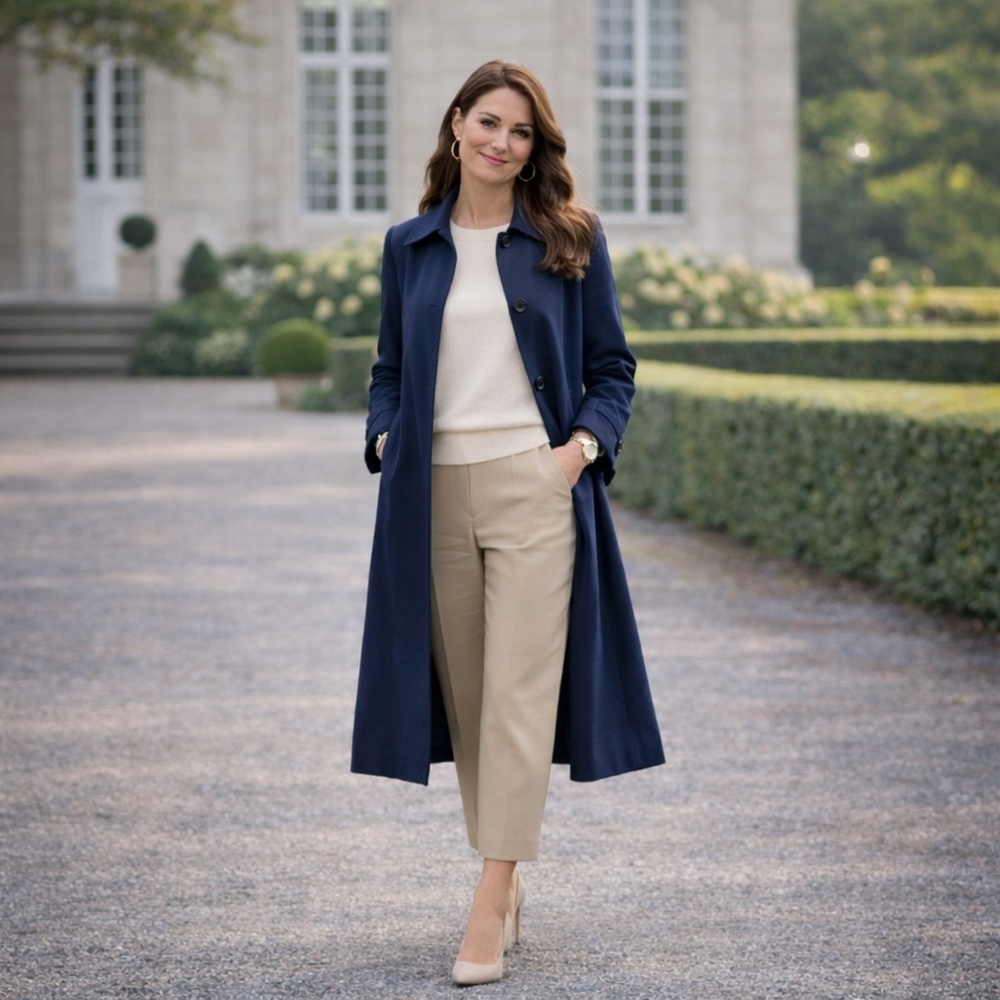 Vintage Sequence Trench Coat Navy Blue Size 6 Minimal Classic Long Coat